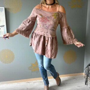 UPCYCLED Bohemian Lace Shabby Chic Bell Sleeves Mocha Off Shoulder TOP Sz. L/XL